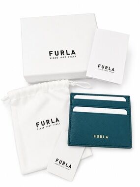 Furla Teal Saffiano Leather Card Holder with Gold Logo Amatore Blue